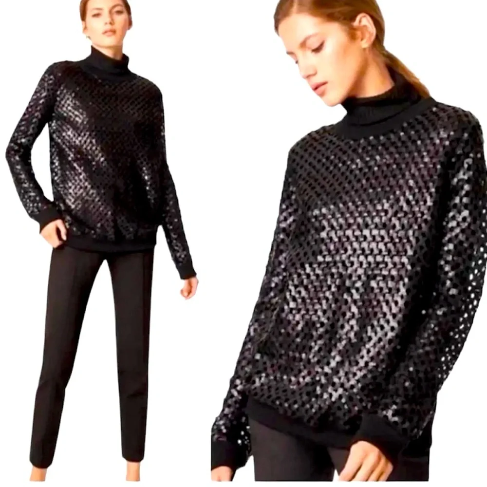 Tory Burch Black Sequin‎ Pullover Sweater Size Small Luxe Party Top